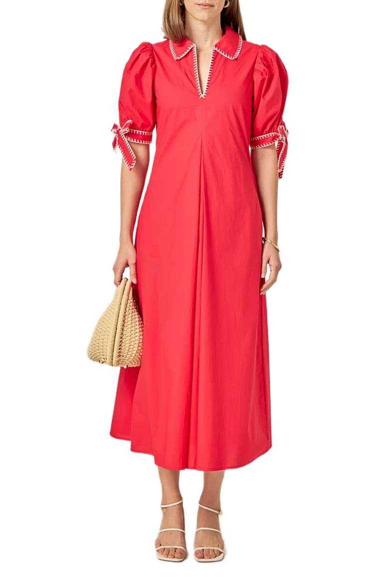 Contrast Stitch A-Line Midi Dress, Main, color, RED