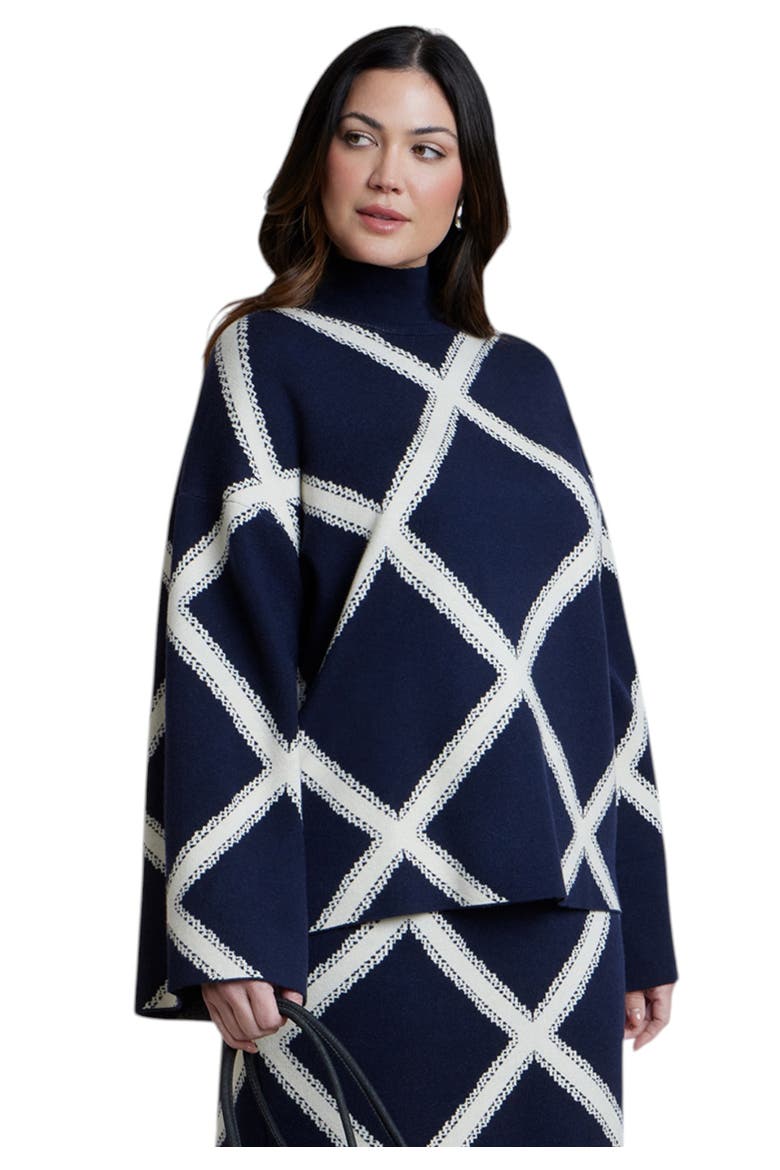 Mock Neck Intarsia Sweater, Main, color, NAVY/WHITE GRID