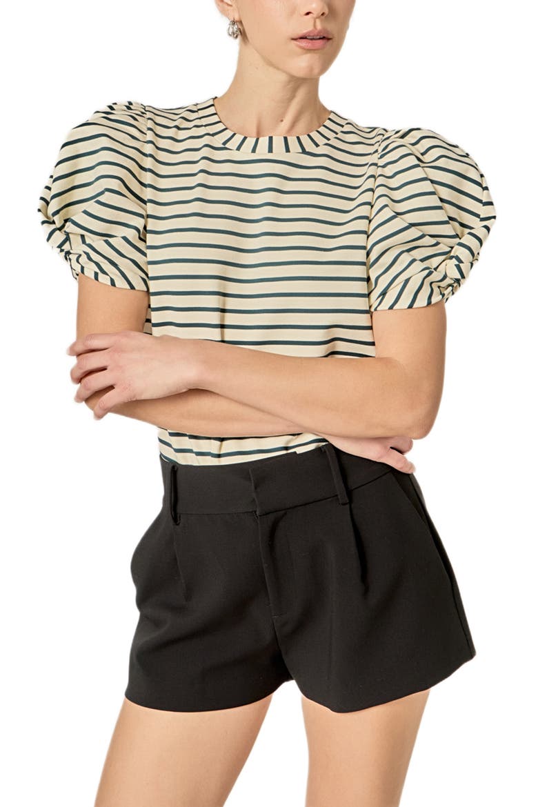 Puff Sleeve Stripe T-Shirt, Alternate, color, IVORY/ GREEN