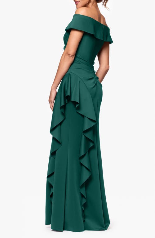 Xscape Evenings Ruffle Off The Shoulder Scuba Knit Gown In Green