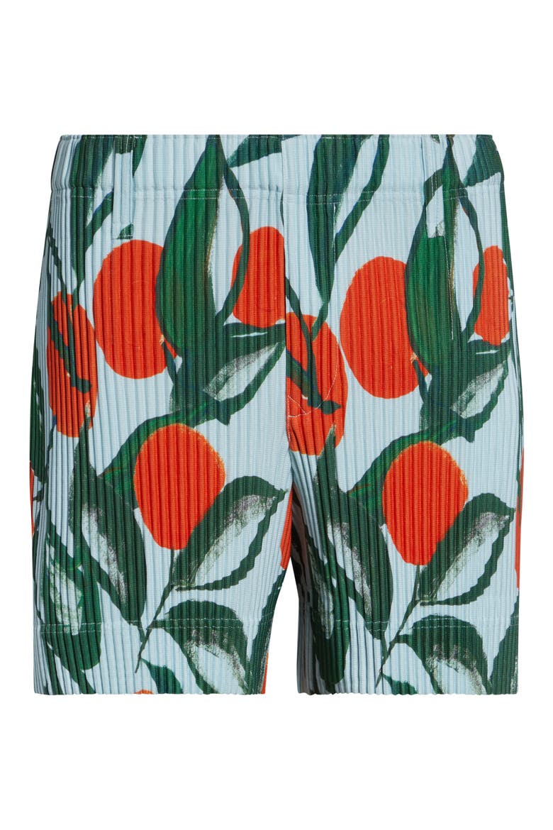Pleated Fruits & Vegetables Print Shorts, Alternate, color, BLUE
