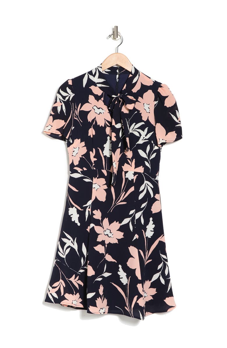 Maggy London Floral Tie Neck Fit & Flare Dress, Alternate, color, 
