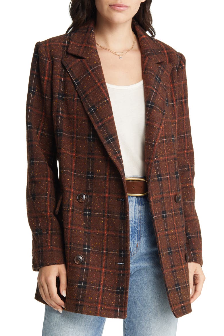 Double Breasted Plaid Coat, Main, color, BROWN- BLACK DONEGAL