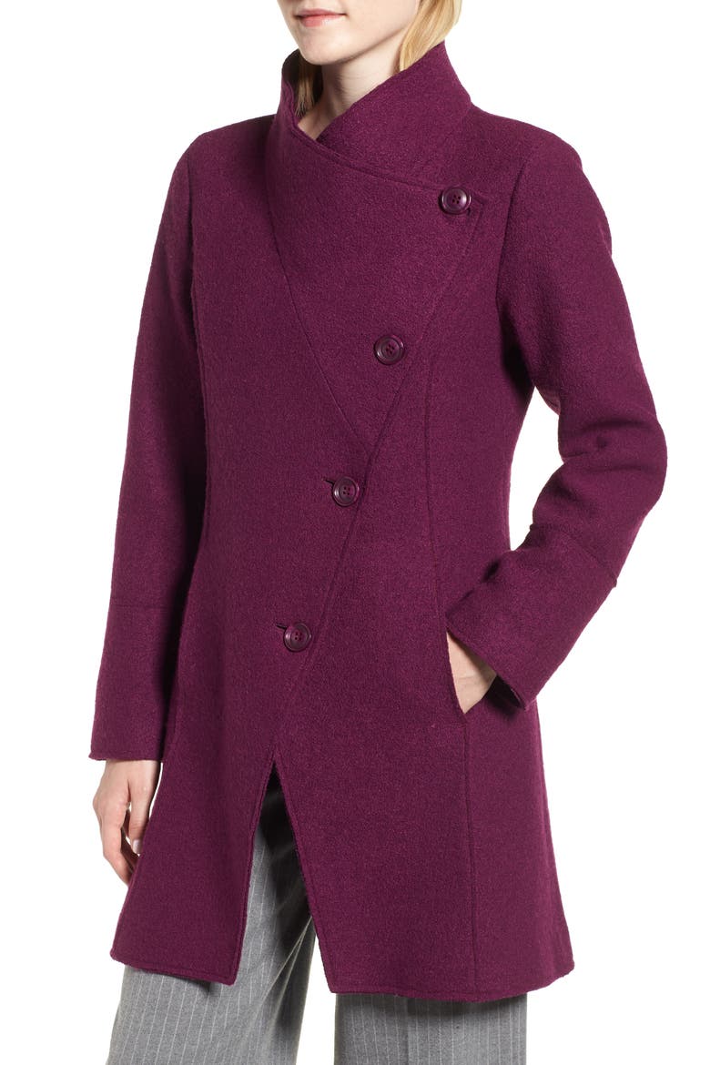 Boiled Wool-Blend Asymmetrical Coat, Alternate, color, BERRY