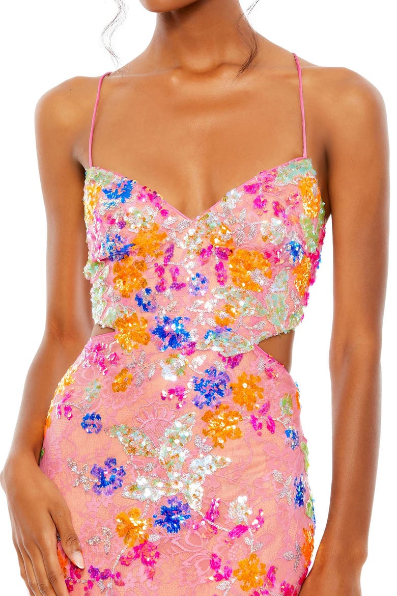 Embellished Lace Strappy Column Gown, Alternate, color, PINK MULTI