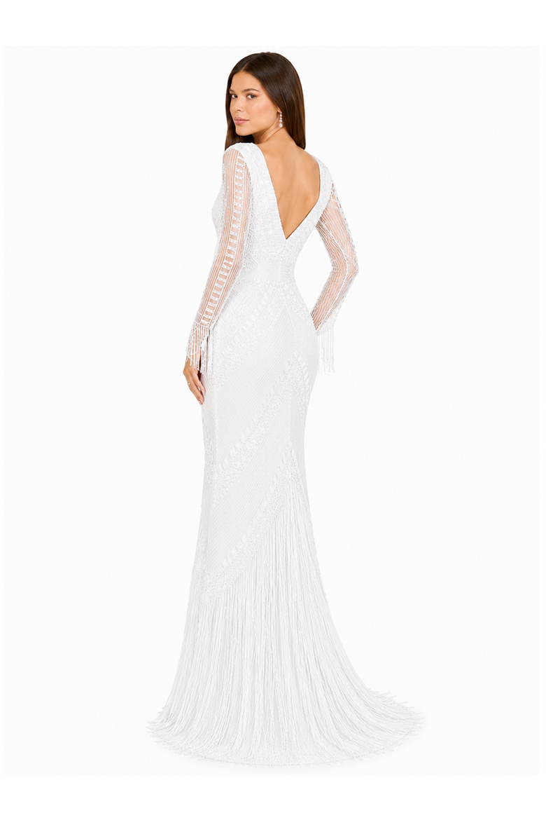 Long Sleeve Fringe Bridal Gown, Alternate, color, Ivory