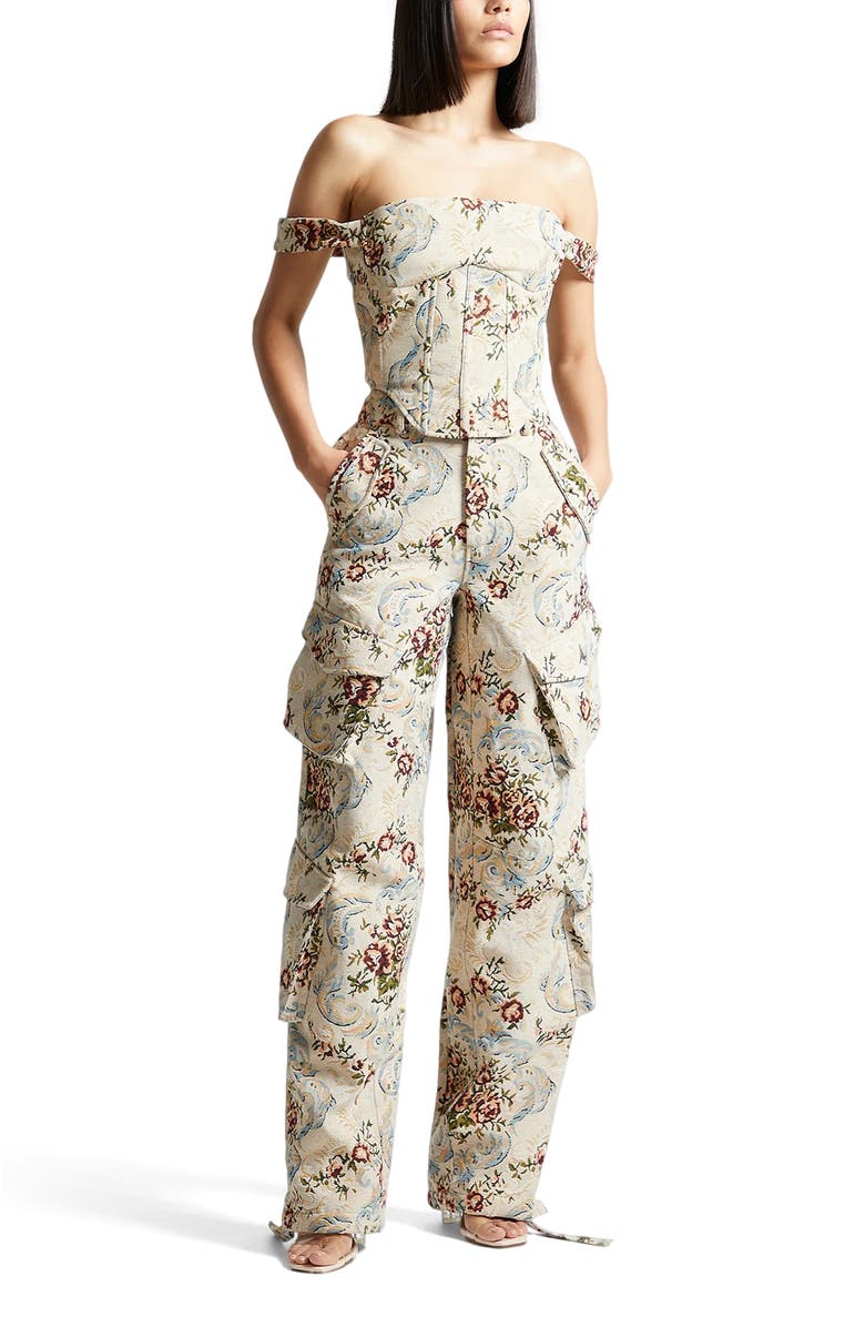 Manière De Voir Anne Floral Jacquard High Waisted Cargo Pants, Main, color, Beige