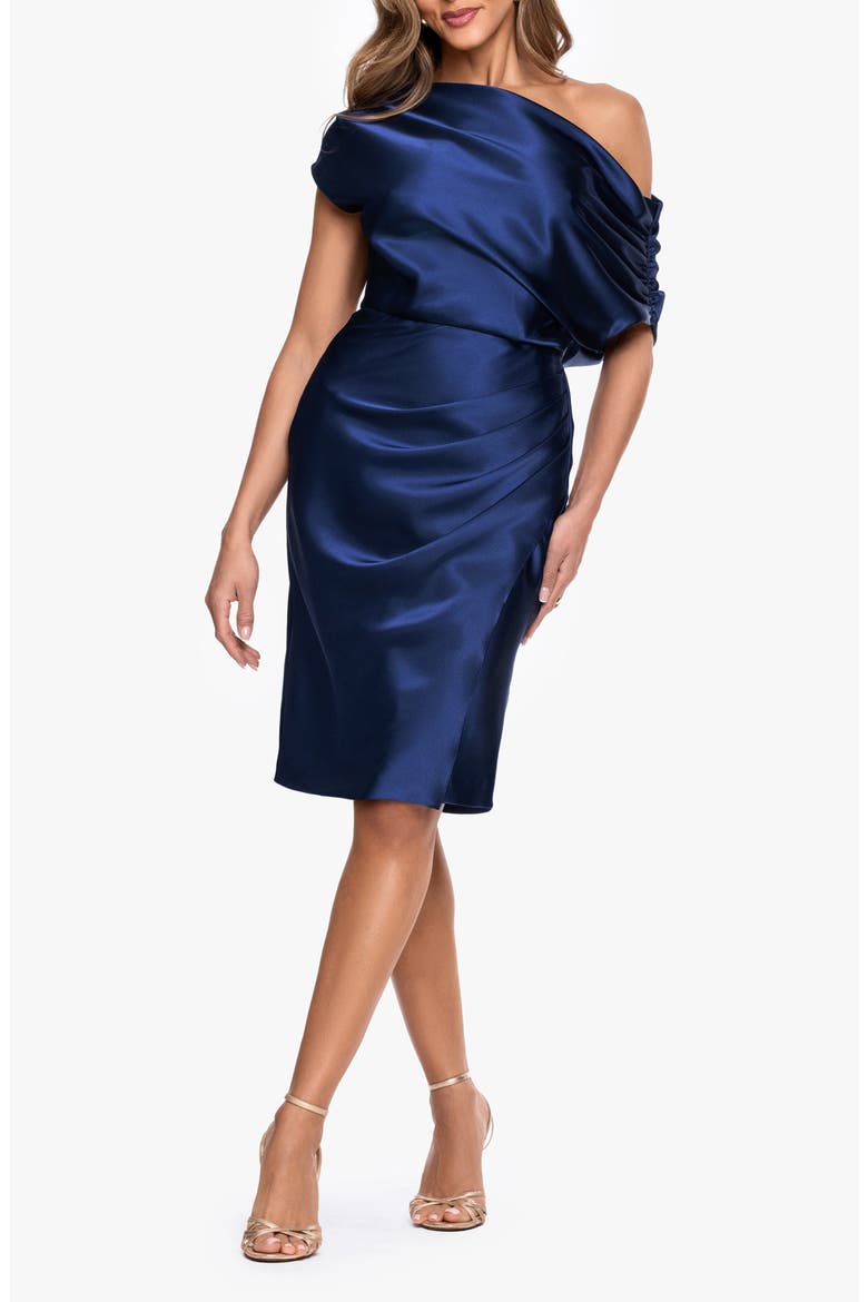 Ruched One-Shoulder Satin Charmeuse Cocktail Dress, Main, color, NAVY