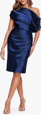 Betsy & Adam Ruched One-Shoulder Satin Charmeuse Cocktail Dress