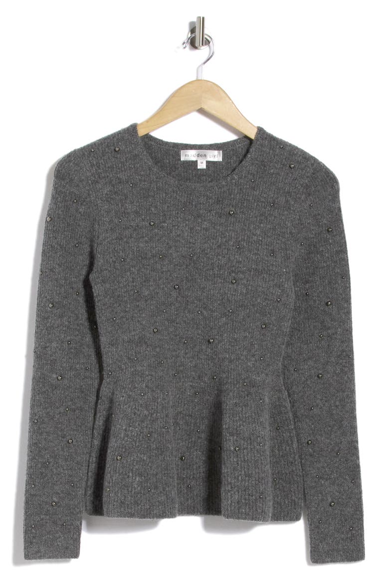 Pearly Embellished Peplum Sweater, Alternate, color, GREY HEATHER