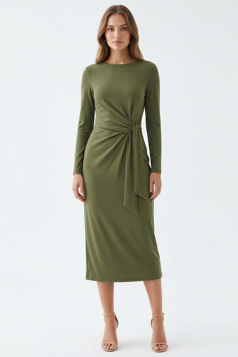 Gascon Crew Neck Long Sleeve Knit Midi Dress, Alternate, color, Khaki