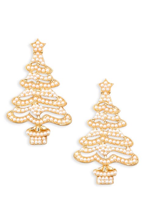 Faux Pearl Chrismtas Tree Drop Earrings