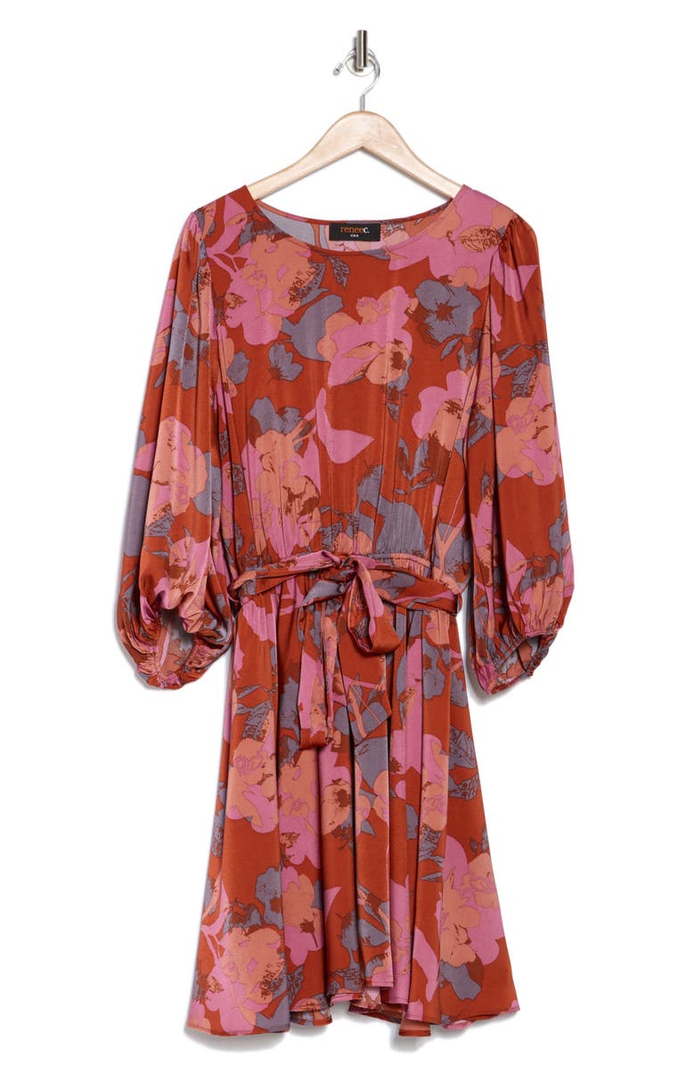 Renee C Floral Long Sleeve Fit & Flare Dress, Alternate, color, Sienna/ Blue