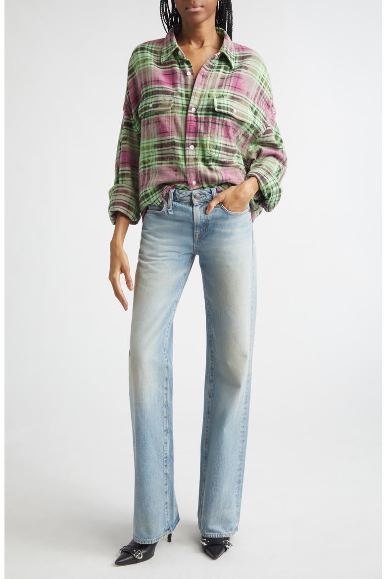 Oversize Fray Hem Plaid Button-Up Crop Work Shirt, Alternate, color, PINK OVERDYED GREEN PLAID