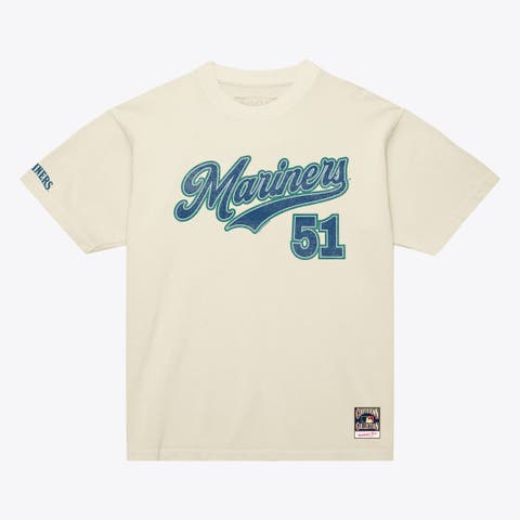 Men's Mitchell & Ness Ichiro Suzuki Cream Seattle Mariners Cooperstown Collection Throwback Name & Number T-Shirt