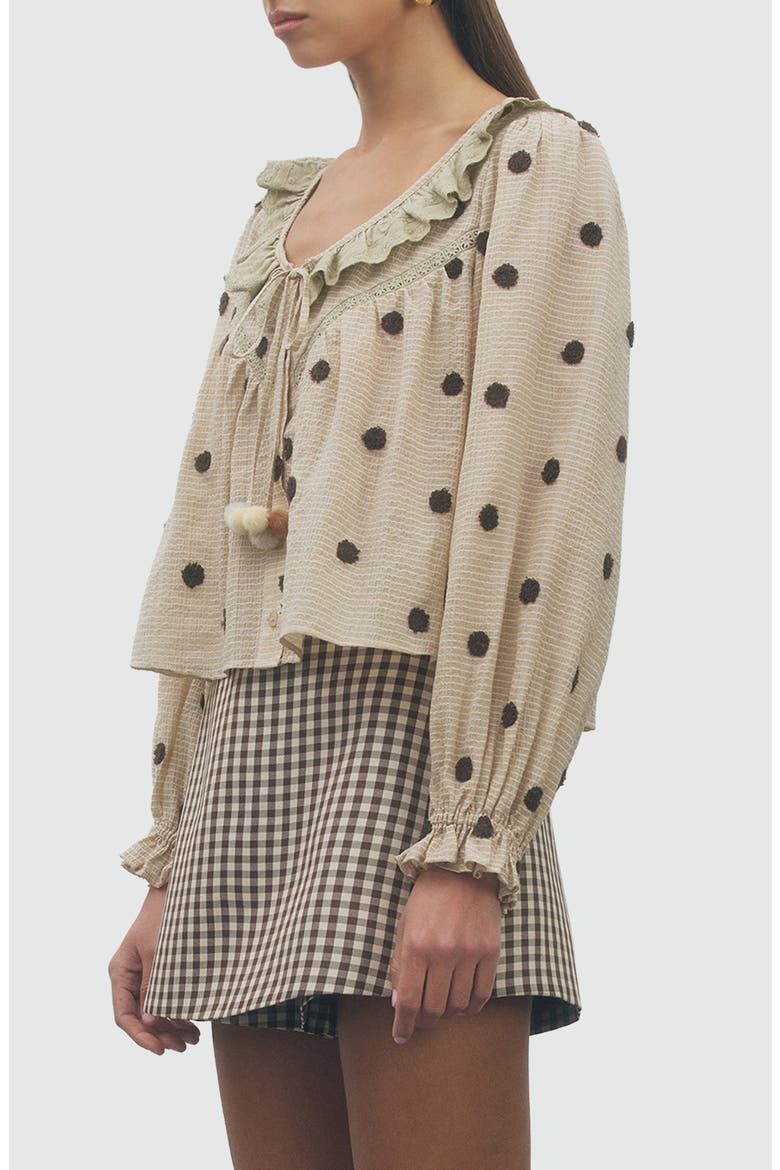 Theodore Polka Dot Ruffle Top, Alternate, color, TAN BROWN