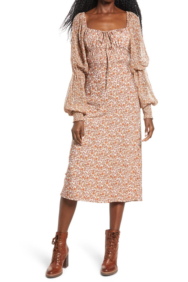 Aglow Smocked Long Sleeve Midi Dress, Main, color, TEA COMBO