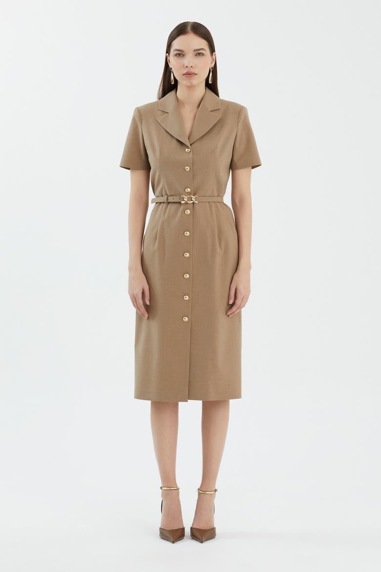 Beige Short Sleeve Belted Midi Dress, Main, color, Beige