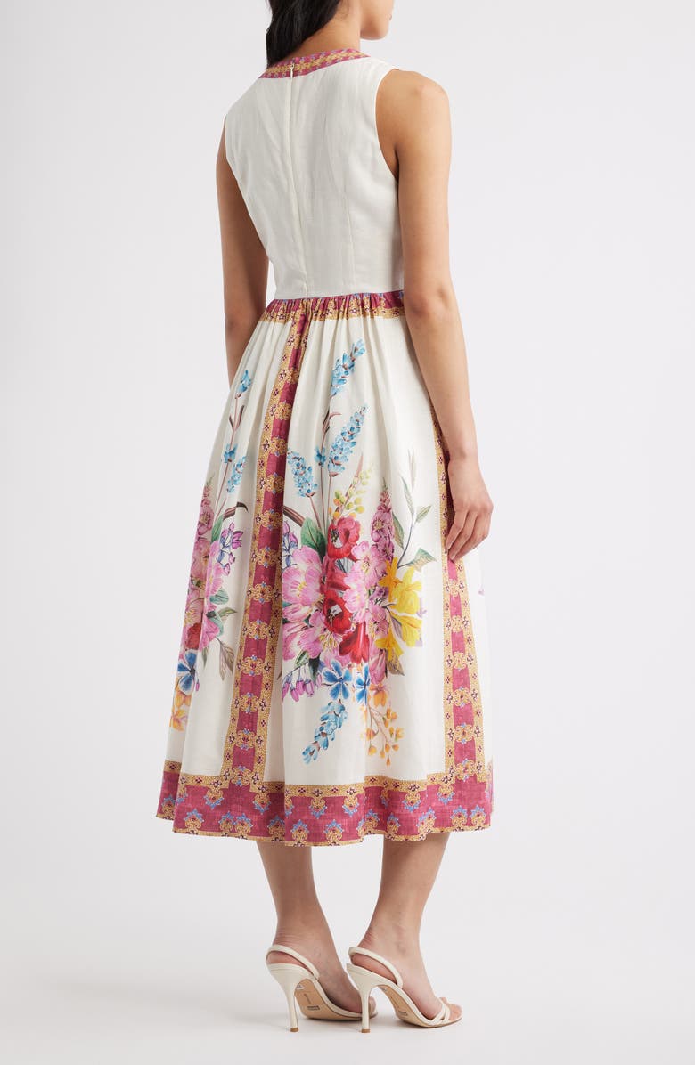 Elie Tahari The Scarlette Print Linen Blend Midi Dress, Alternate, color, Tiara Garden Print