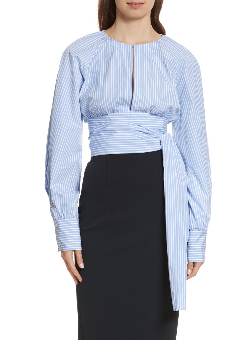 Diane von Furstenberg Keyhole Crop Cotton Blouse, Main, color, PALE BLUE/ WHITE WIDE STRIPE