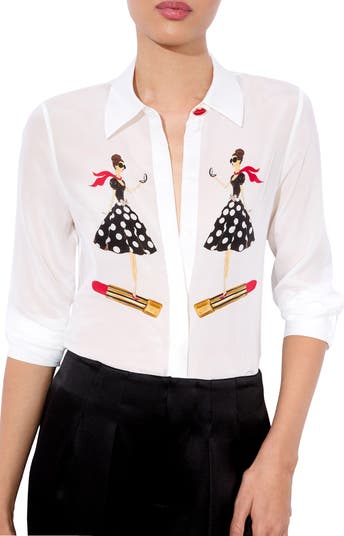 Alice + Olivia Willa Retro Glam Silk Graphic Button-Up Shirt