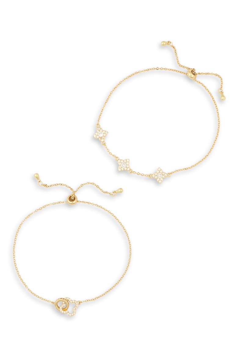Mara 2-Pack Cubic Zirconia Clover Bolo Bracelets, Main, color, GOLD
