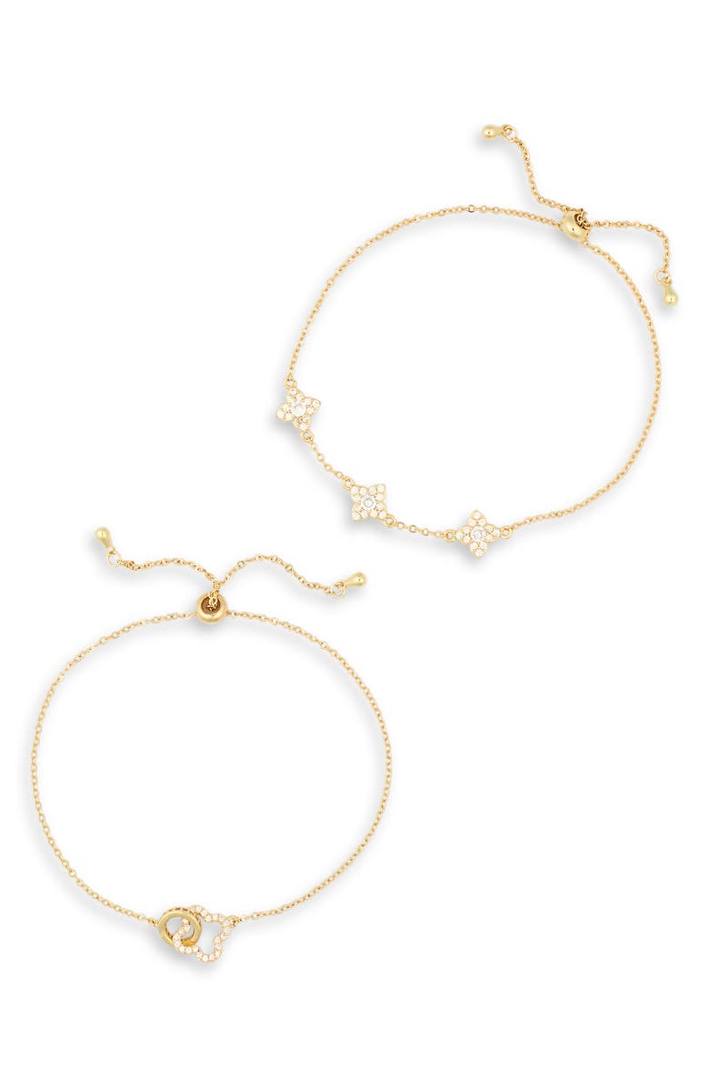EYE CANDY LOS ANGELES Mara 2-Pack Cubic Zirconia Clover Bolo Bracelets, Main, color, Gold