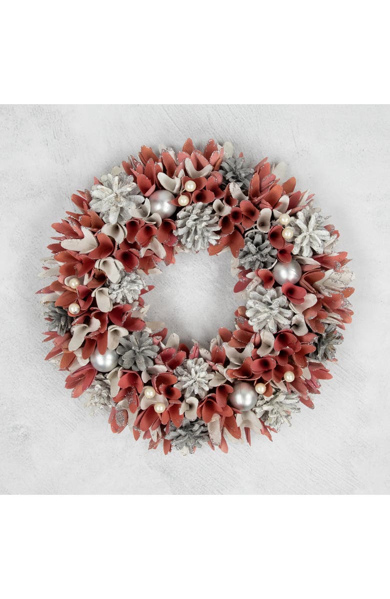 Northlight 13" Pink and White Wooden Floral Christmas Wreath with Pinecones, Alternate, color, Pink