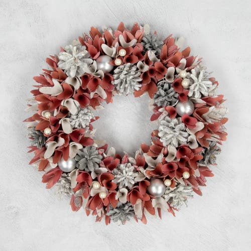 Northlight 13" Pink And White Wooden Floral Christmas Wreath With Pinecones In Pink