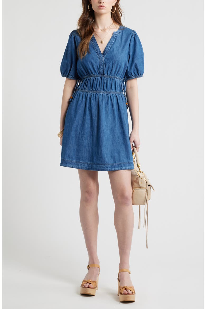 Puff Sleeve Cotton Chambray Minidress, Alternate, color, MEDIUM WASH