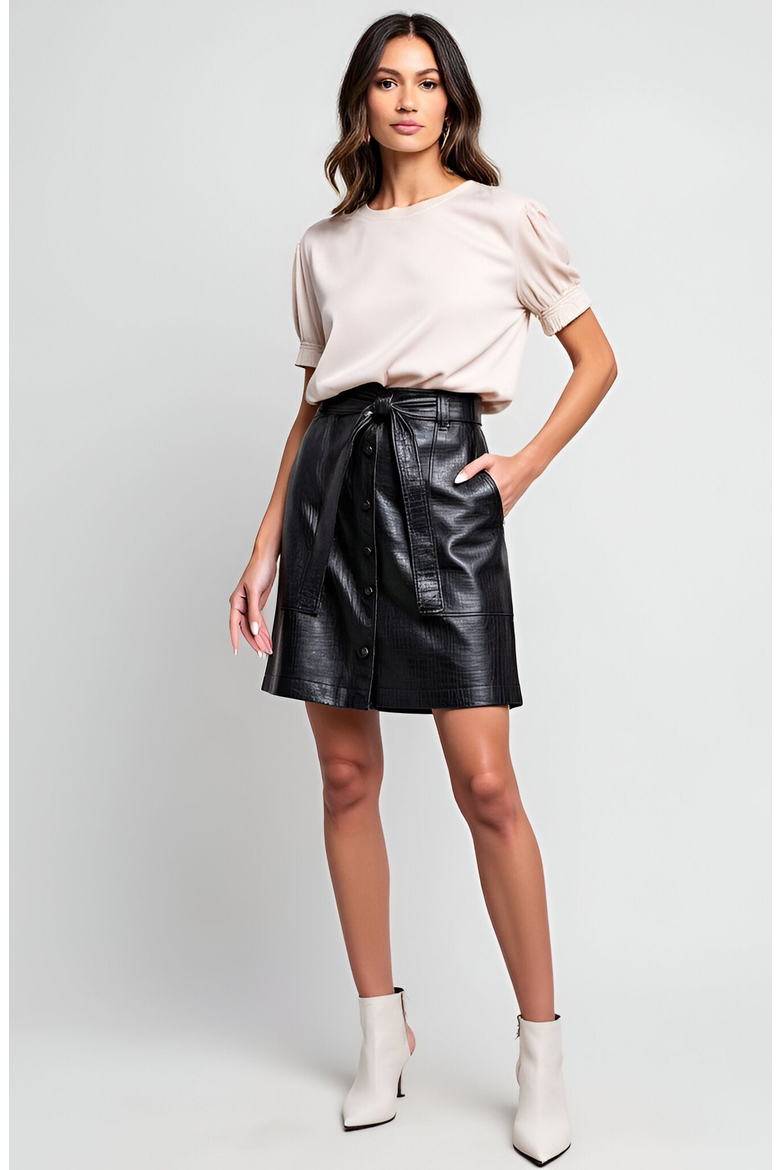 Belted Faux Leather Mini Skirt with Patch Pockets and Front Button, Alternate, color, Black