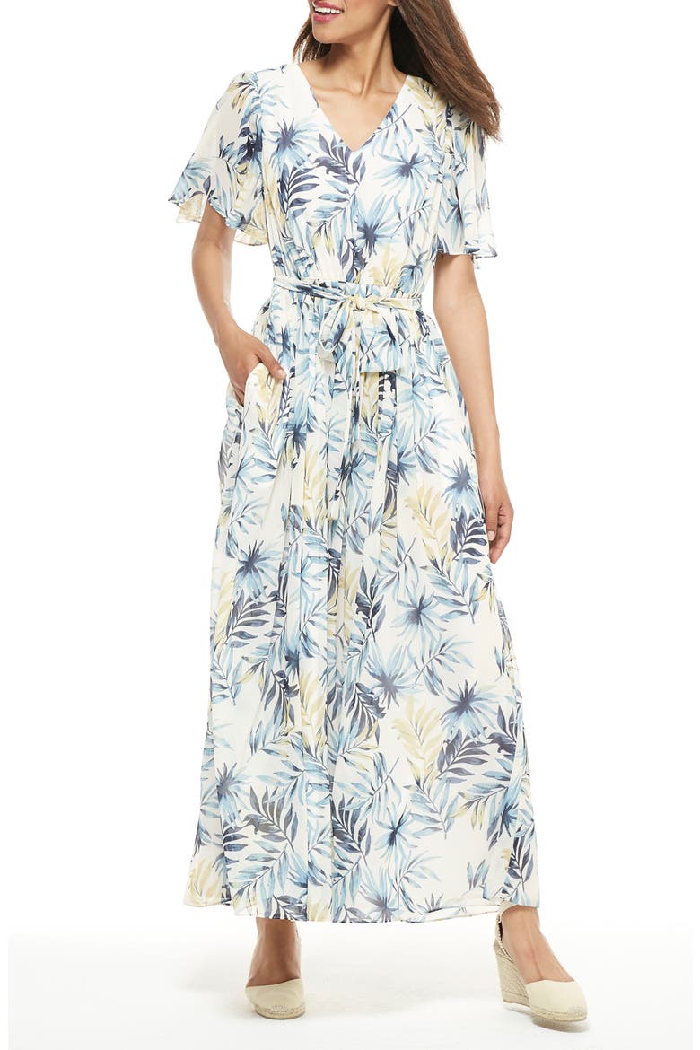Kiki Leaf Print Chiffon Maxi Dress, Alternate, color, BLUE/ GOLD