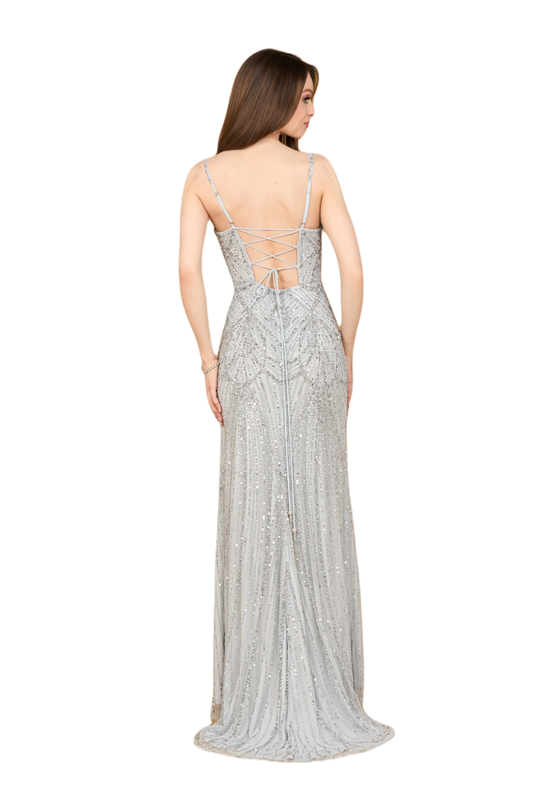Beaded Lace-up Dress with Slit, Alternate, color, Silver