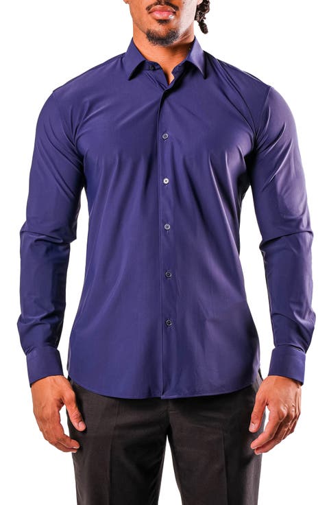 Fibonacci Stretcheuronavy Blue Cotton Blend Button-Up Shirt