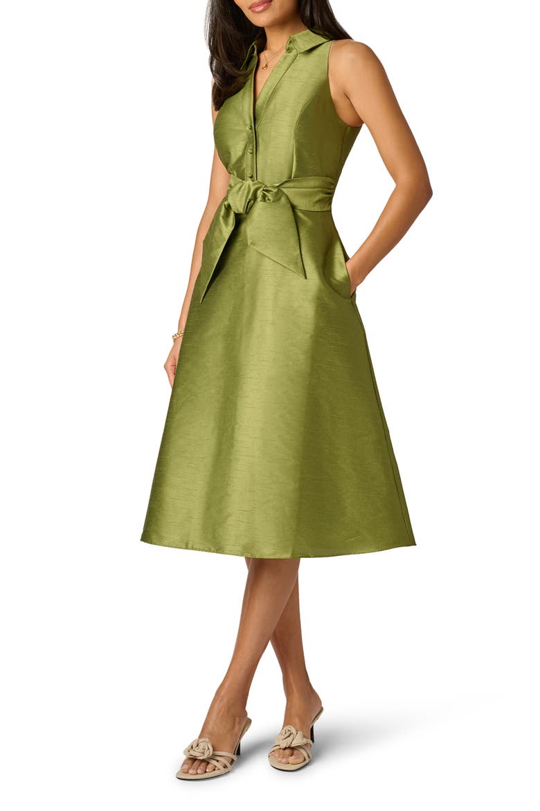 Sleeveless Tie Front Dupioni Midi Dress, Main, color, OLIVE