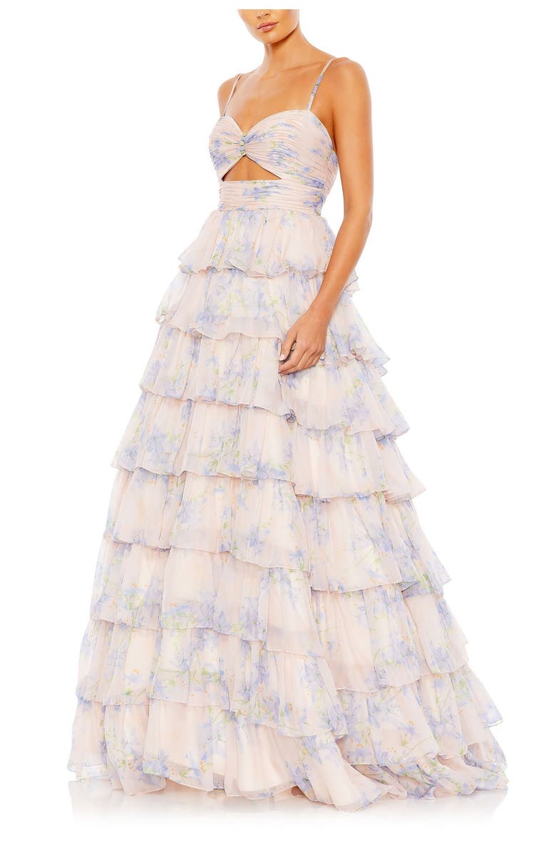 Mac Duggal Floral Cut Out Ruffle Layered Gown, Main, color, Violet Multi