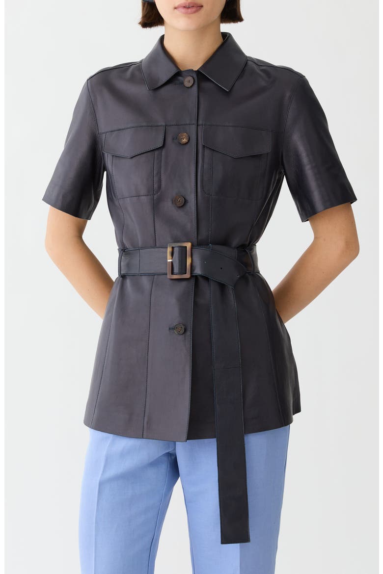 Belted Short Sleeve Lambskin Leather Jacket, Main, color, INK