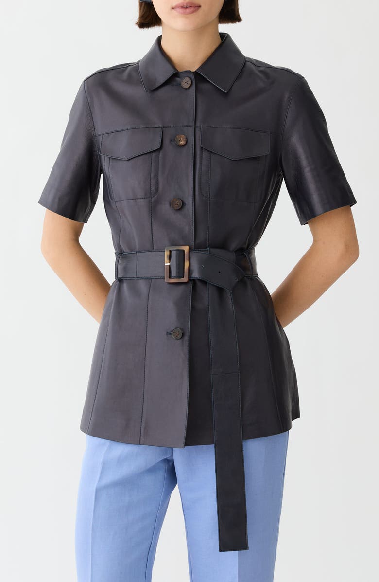 Lafayette 148 New York Belted Short Sleeve Lambskin Leather Jacket, Main, color, Ink