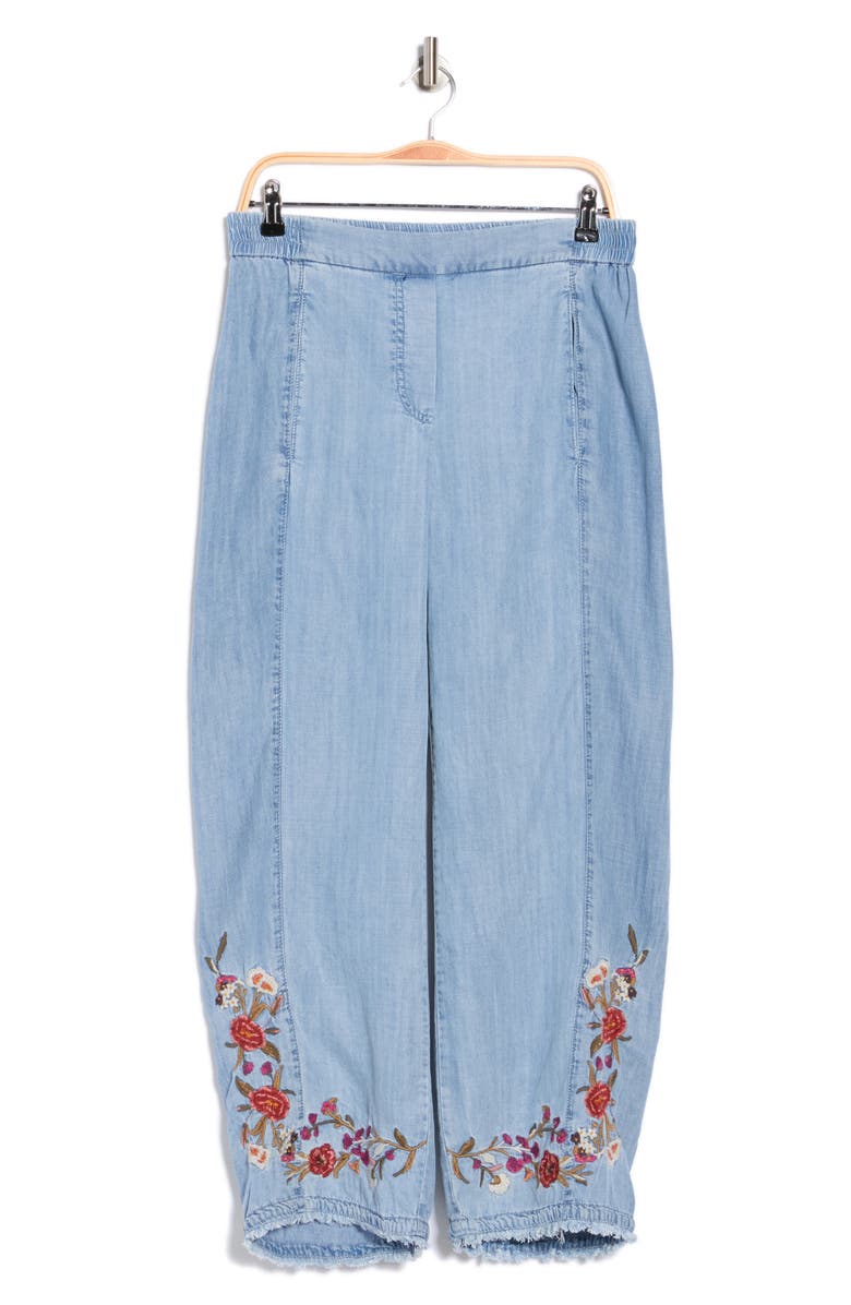 T Tahari Floral Embroidered Chambray Pull-On Pants, Alternate, color, Washed Denim Embroidery