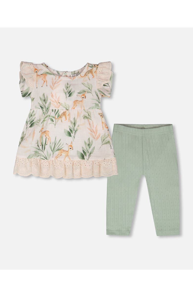 Deux par Deux Muslin Tunic and Pointelle Leggings Set Peach Deer Print, Main, color, Peach Deer Print & Green
