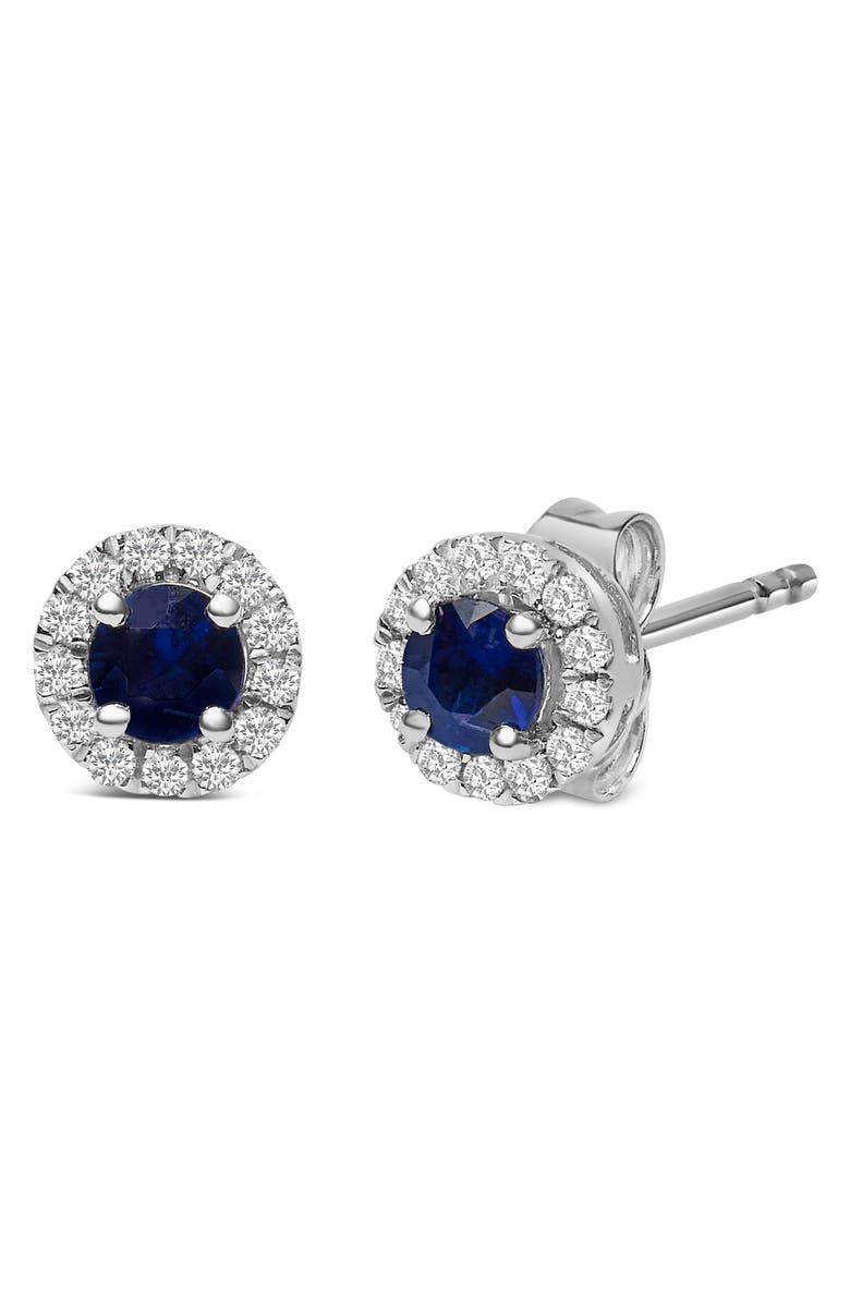 Haus of Brilliance 10K White Gold Blue Sapphire and 1/10 Ct Diamond Halo Stud Earrings, Alternate, color, White