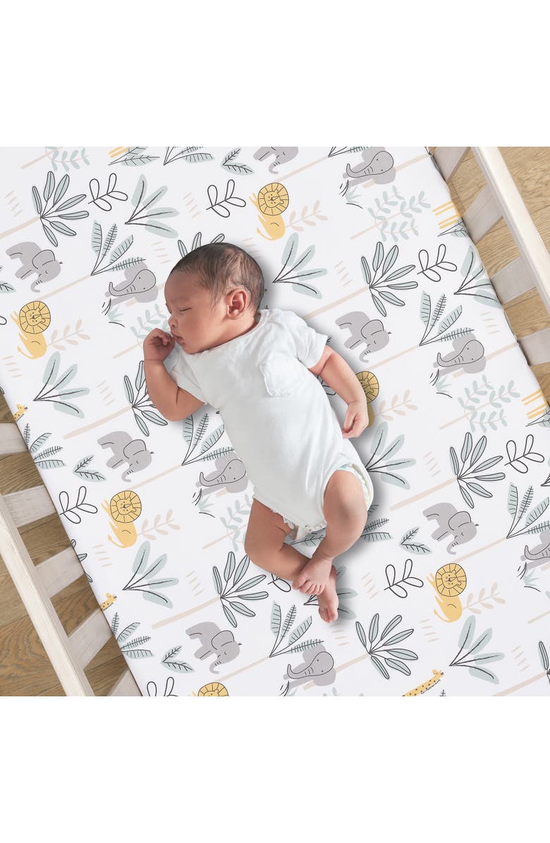 Lambs & Ivy Jungle Adventure 100% Cotton Baby/Toddler Fitted Crib Sheet, Alternate, color, White Multi