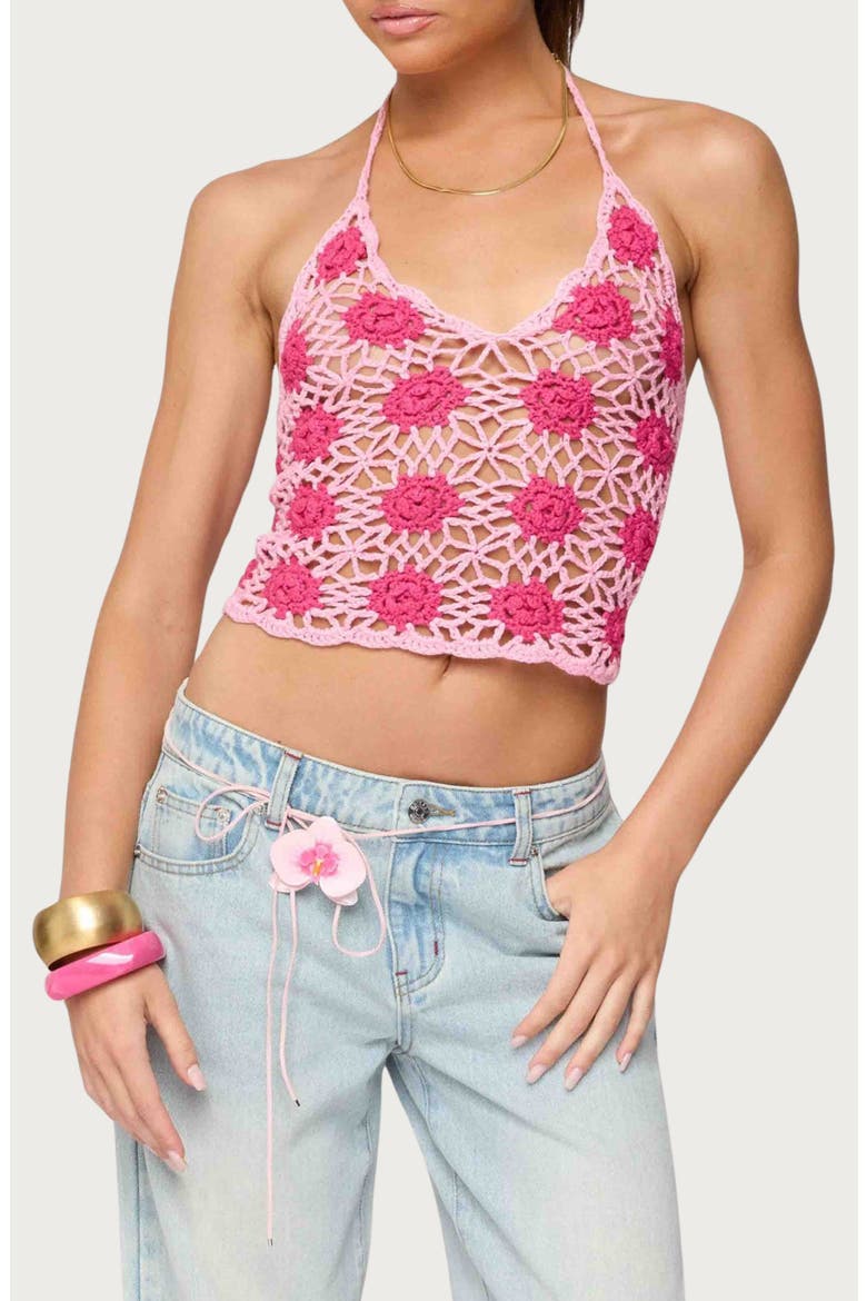 Floral Crochet Halter Top, Alternate, color, PINK