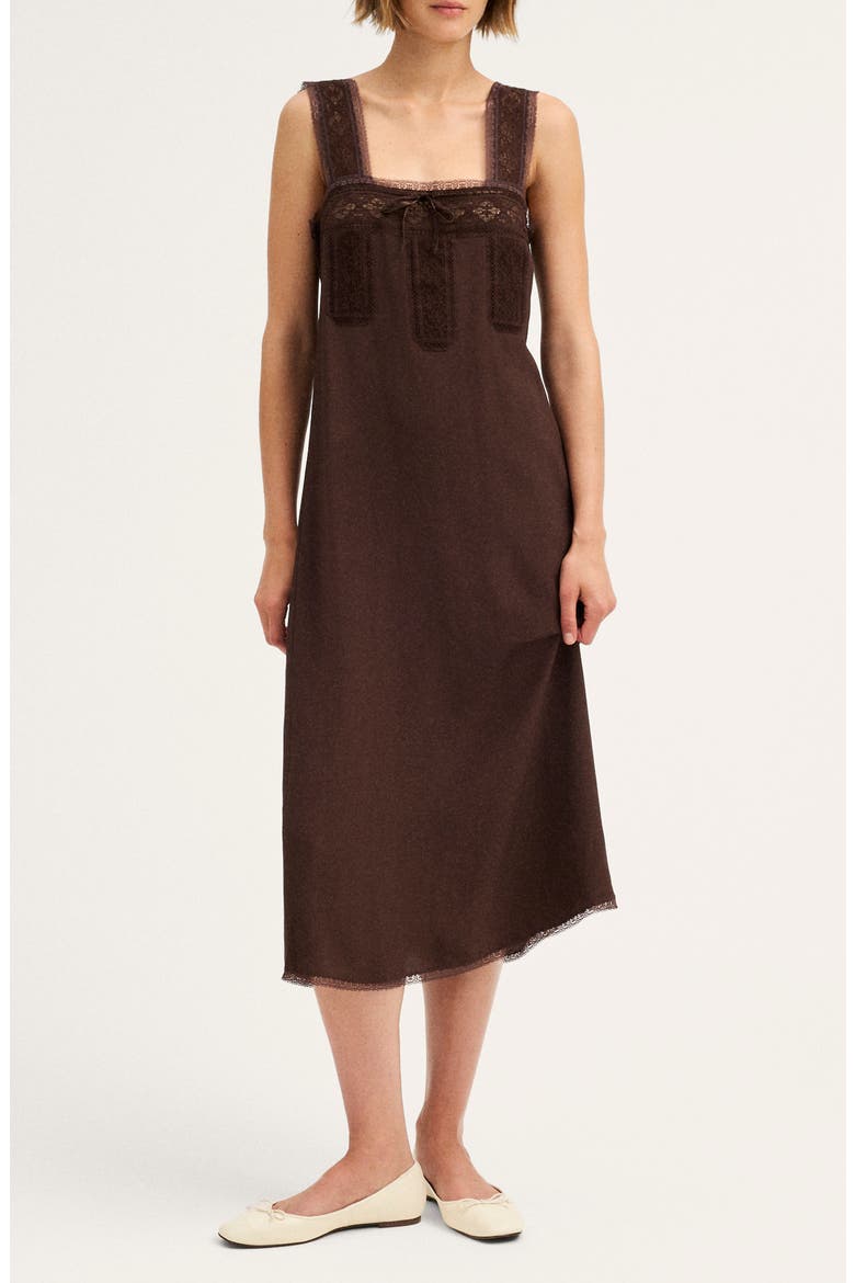 Lace-Insert Tie-Front Sleeveless Midi Dress, Main, color, DARK CHICORY