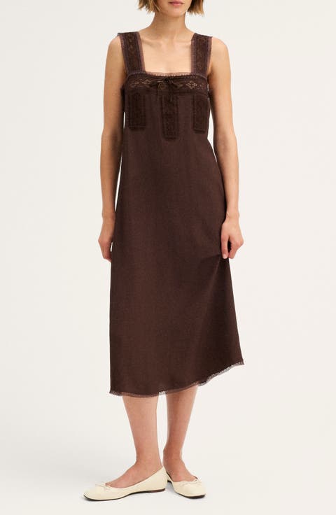 Lace-Insert Tie-Front Sleeveless Midi Dress