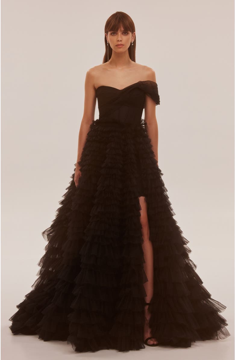 Milla One-Shoulder Layered Tulle Gown in Black for Formal Occasions, Main, color, Black