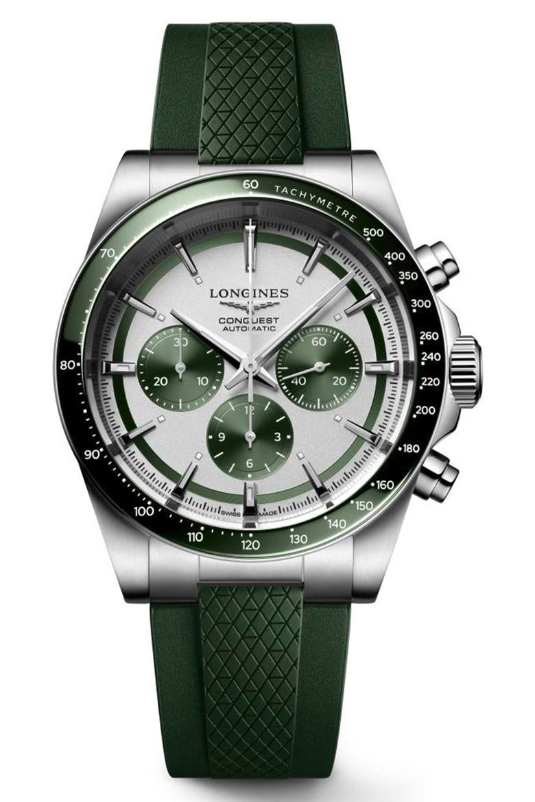 Conquest Automatic Chronograph Rubber Strap Watch, 42mm, Main, color, SILVER