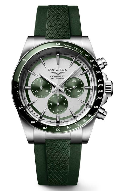 Longines Men's Swiss Automatic Chronograph Conquest Green Rubber Strap Watch 42mm In Silver