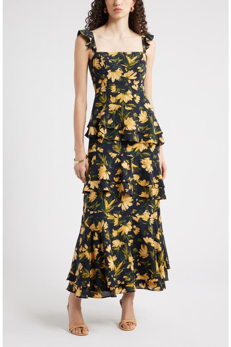 Tiered Asymmetric Ruffle Maxi Dress, Main, color, NAVY- YELLOW ARIA FLORAL
