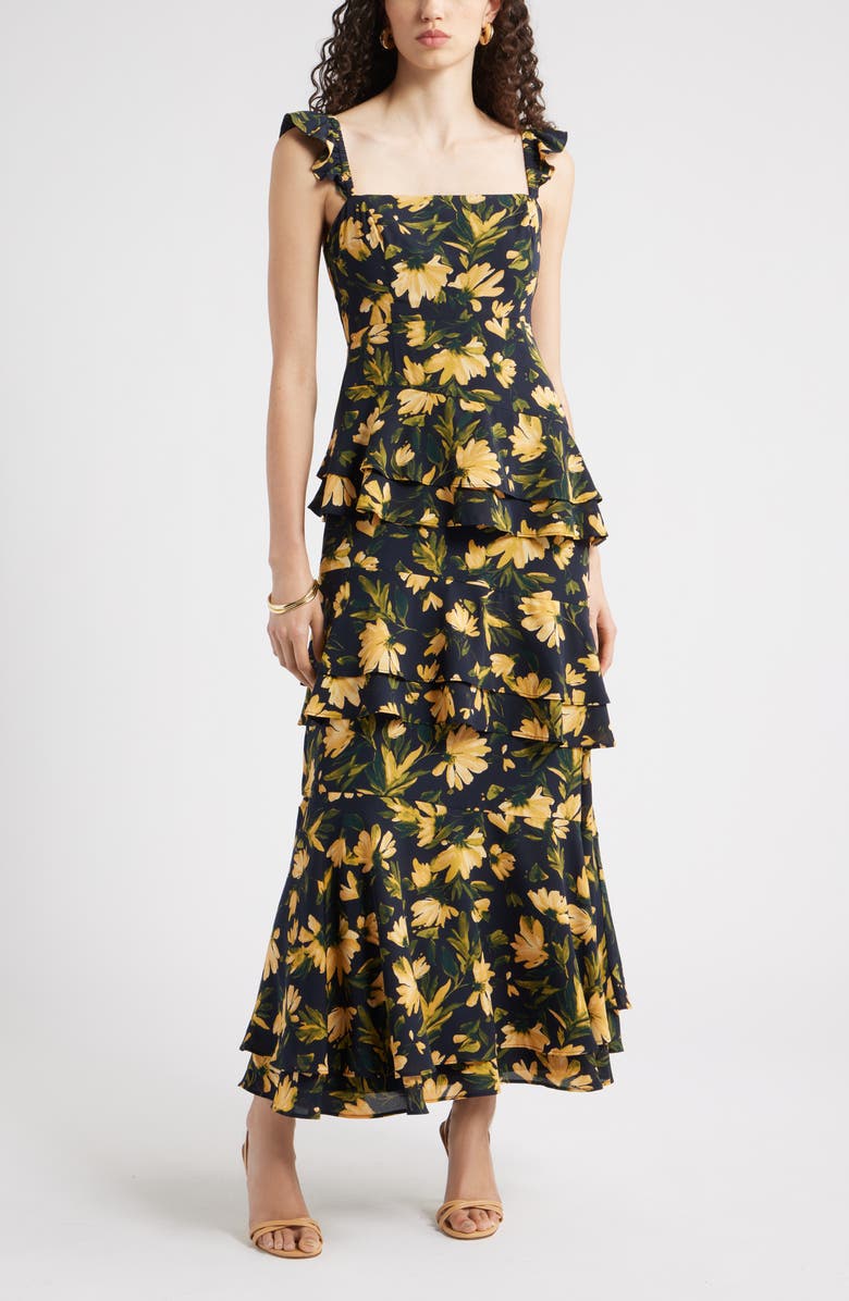 Chelsea28 Tiered Asymmetric Ruffle Maxi Dress, Main, color, Navy- Yellow Aria Floral